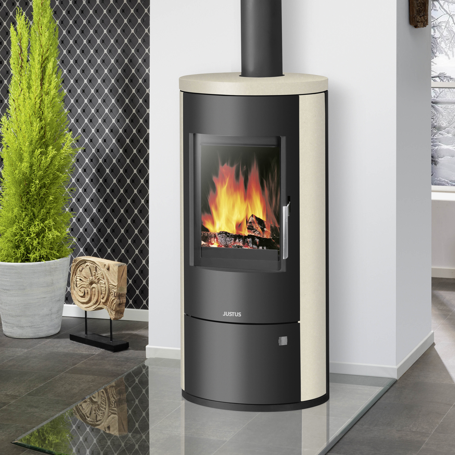 56efd0ae7b955f70aad0021dd3ff38ff.jpg Justus Austin 7 Kaminofen Stahl Schwarz / Kalkstein Cream – Bild 1