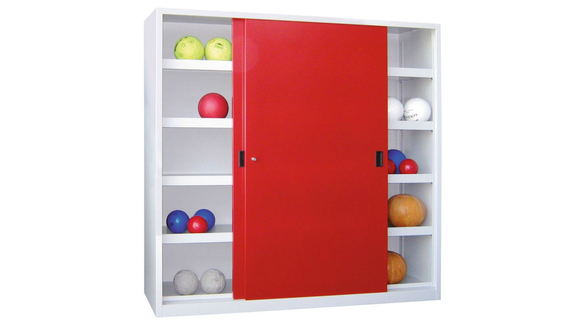 BA_87180502_1986997_I.jpg Schiebetürenschrank, Ballschrank - Schiebetüren - Trennwand - 8 Böden - 1.950x2.000x600 mm (HxBxT) - lichtgrau/rubinrot – Bild 1