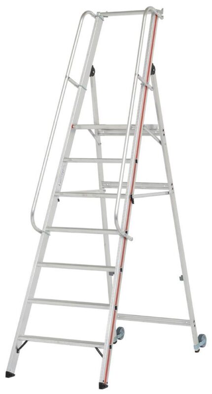 Plattformleiter R13 mit Kipprollen und langem Handlauf